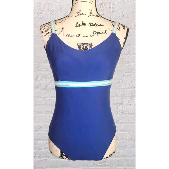 Jantzen Modest One Piece Swimsuit Size MED Blue Shelf Bra Cut Out Back Beach - Picture 1 of 6